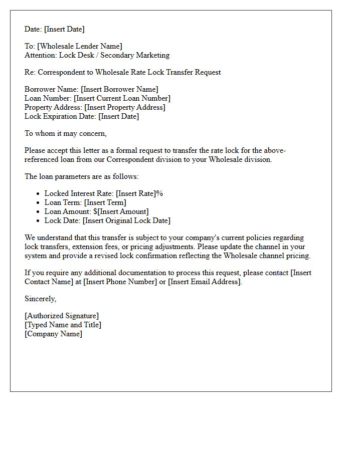 Correspondent to Wholesale Rate Lock Transfer Letter