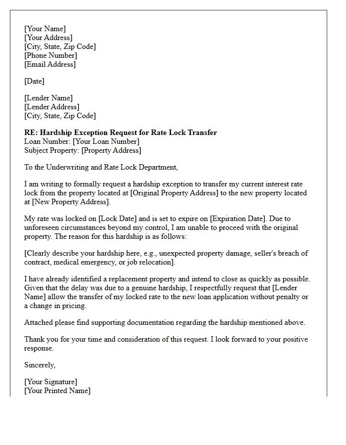 Hardship Exception Rate Lock Transfer Letter