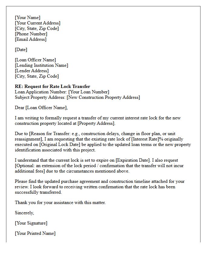 New Construction Rate Lock Transfer Request Letter