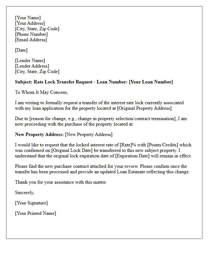 Standard Rate Lock Transfer Request Letter