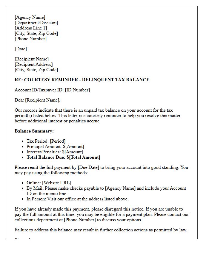 Courtesy Reminder Letter for Delinquent Tax Balances