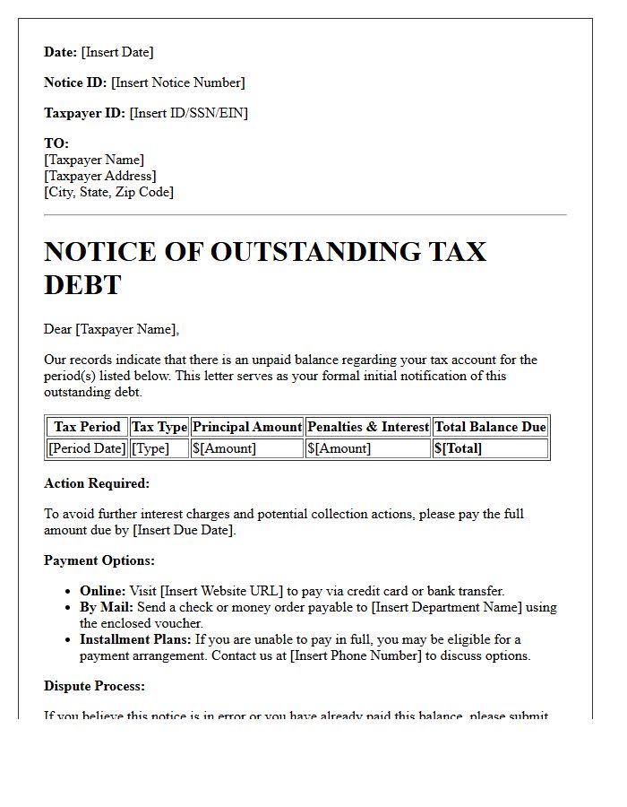 Initial Notification Letter of Outstanding Tax Debt