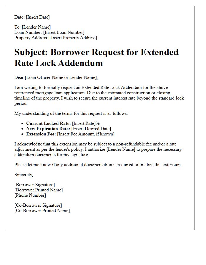 Borrower Request Extended Rate Lock Addendum Letter