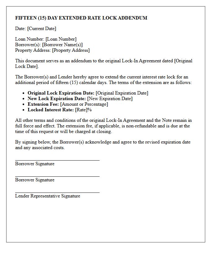Fifteen Day Extended Rate Lock Addendum Letter