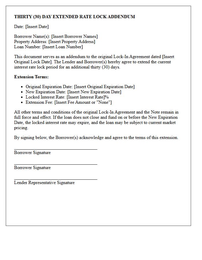 Thirty Day Extended Rate Lock Addendum Letter