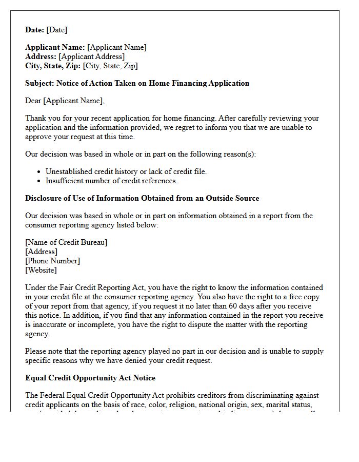 Home Financing Adverse Action Letter Regarding Unestablished Credit