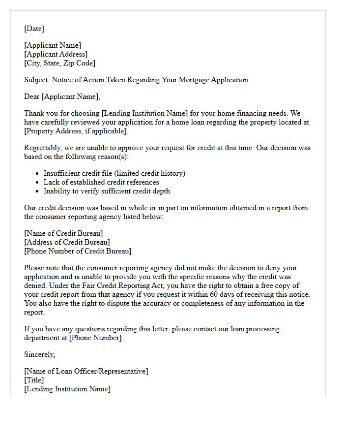 Home Loan Denial Letter Due To Insufficient Credit Profile
