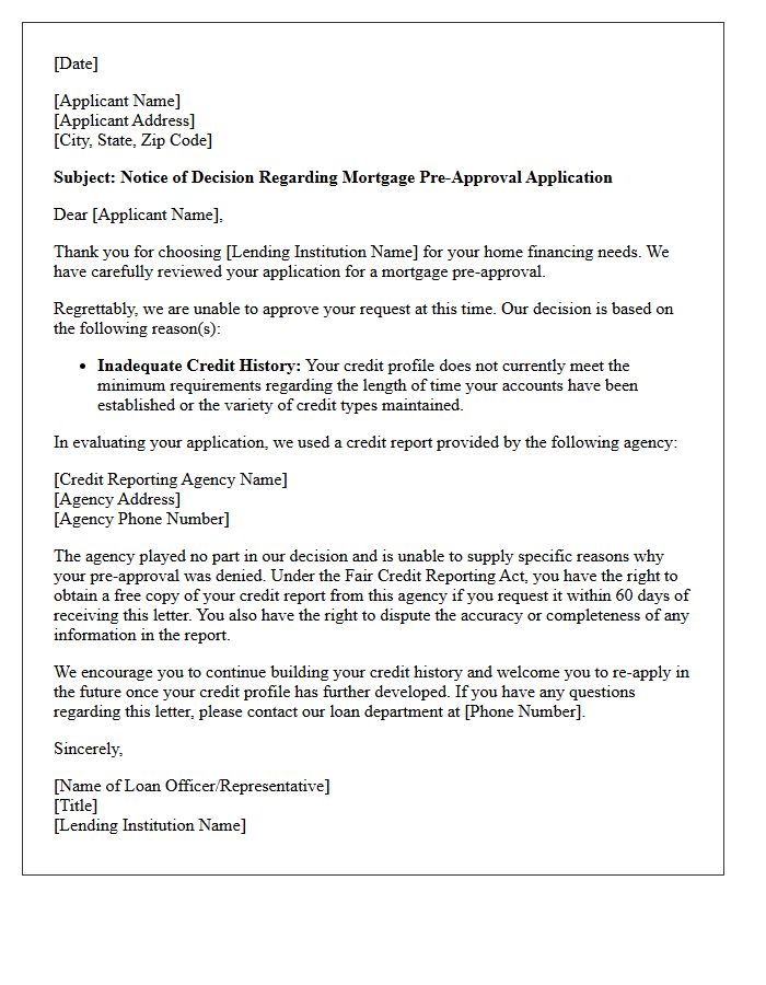 Mortgage Pre-Approval Denial Letter Due To Inadequate Credit History