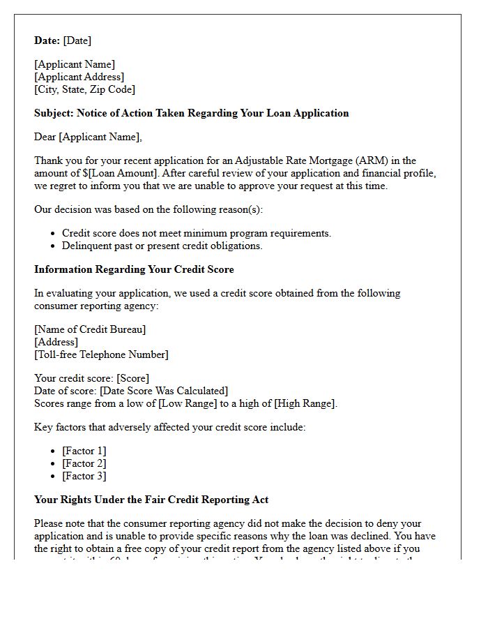 Adjustable Rate Mortgage Decline Letter for Low Credit Score Profile