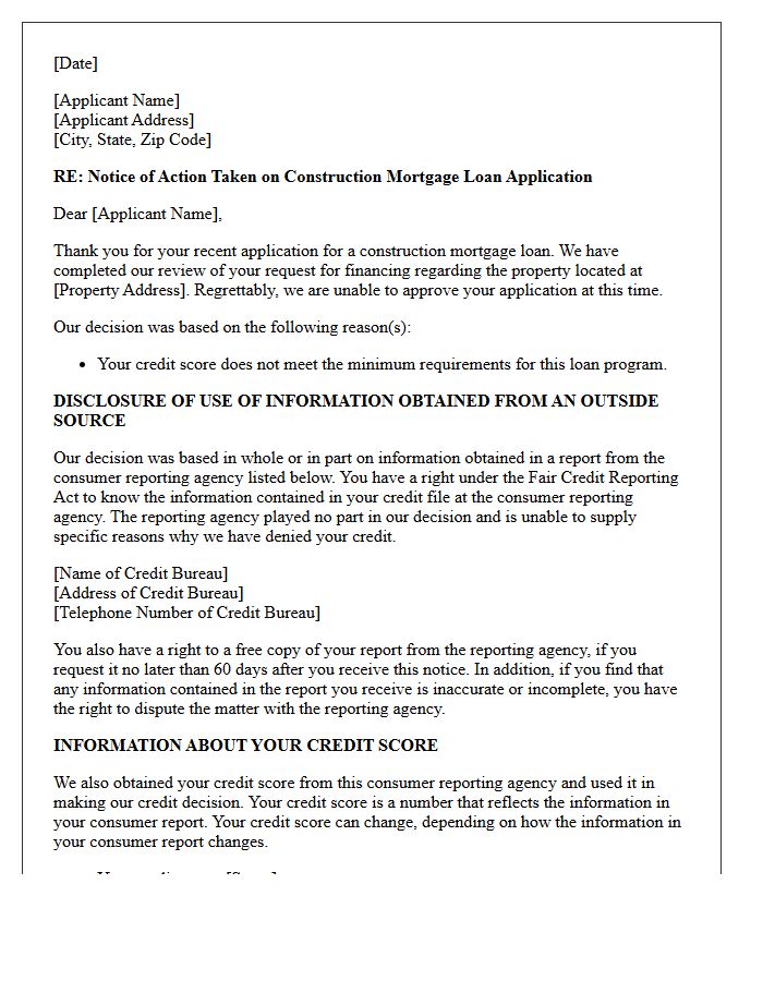 Construction Mortgage Loan Adverse Action Letter Due to Low Credit Score