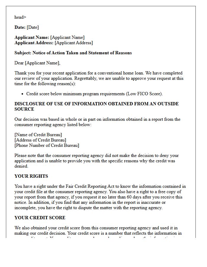 Conventional Home Loan Adverse Action Letter Due to Low FICO Score