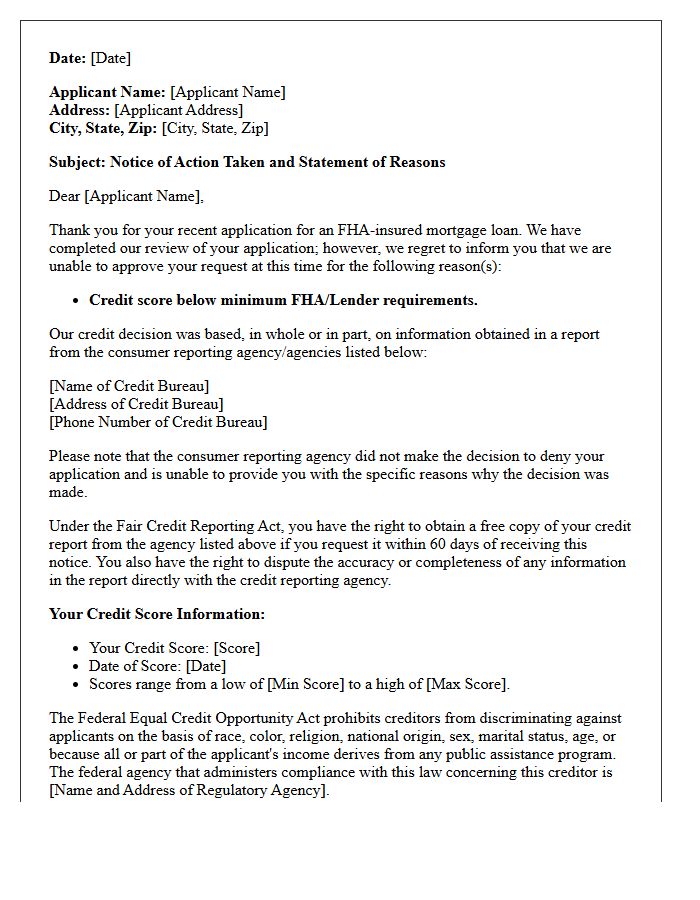 FHA Mortgage Application Adverse Action Letter for Low Credit Score