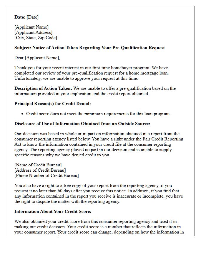 First-Time Homebuyer Pre-Qualification Adverse Action Letter for Low Credit Score
