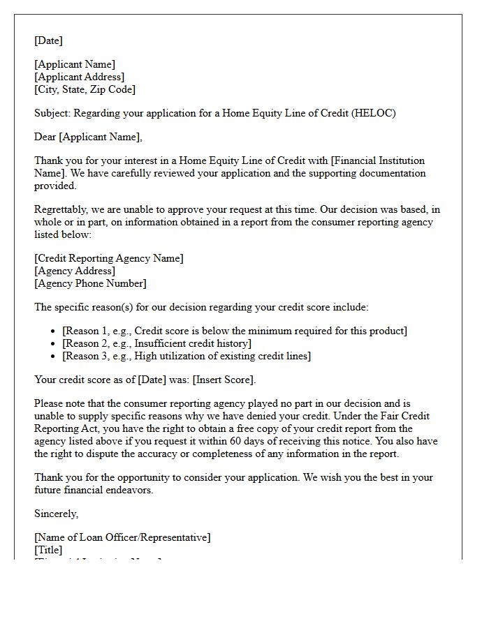 Home Equity Line of Credit Rejection Letter Based on Credit Score