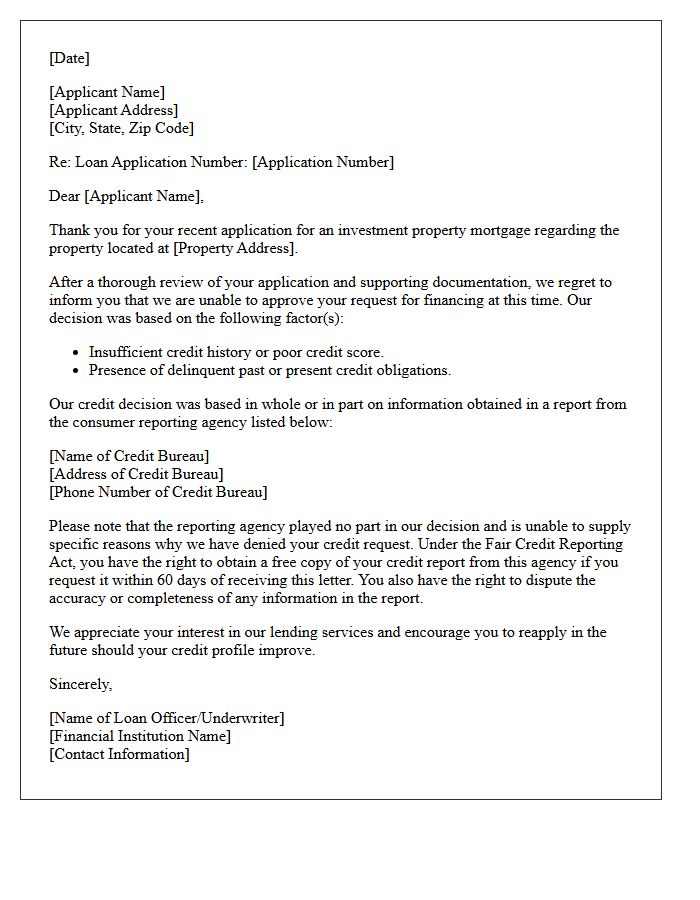 Investment Property Mortgage Denial Letter Due to Poor Credit History