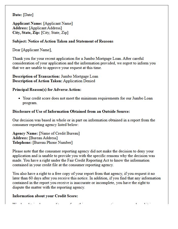 Jumbo Mortgage Loan Adverse Action Letter for Inadequate Credit Score