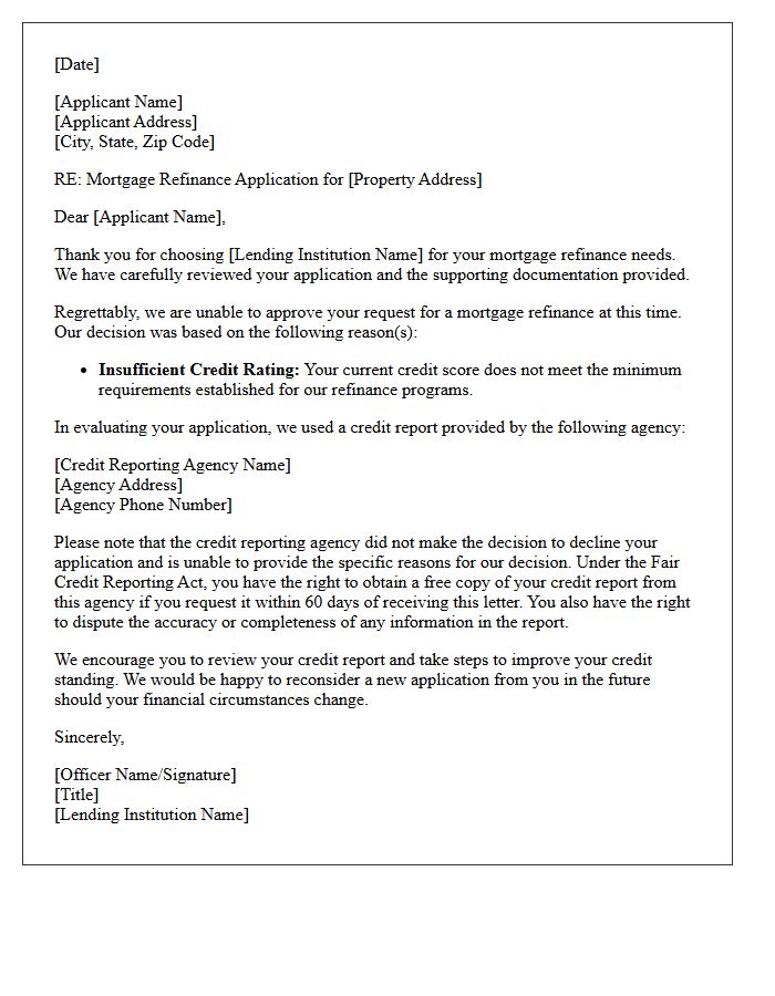 Mortgage Refinance Decline Letter for Insufficient Credit Rating
