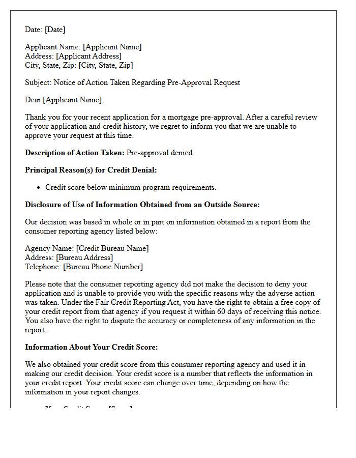 Pre-Approval Mortgage Denial Adverse Action Letter for Low Credit Score