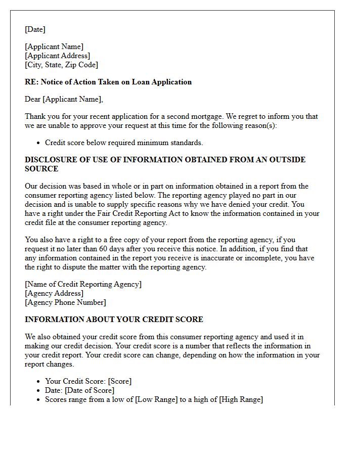 Second Mortgage Adverse Action Letter for Substandard Credit Score