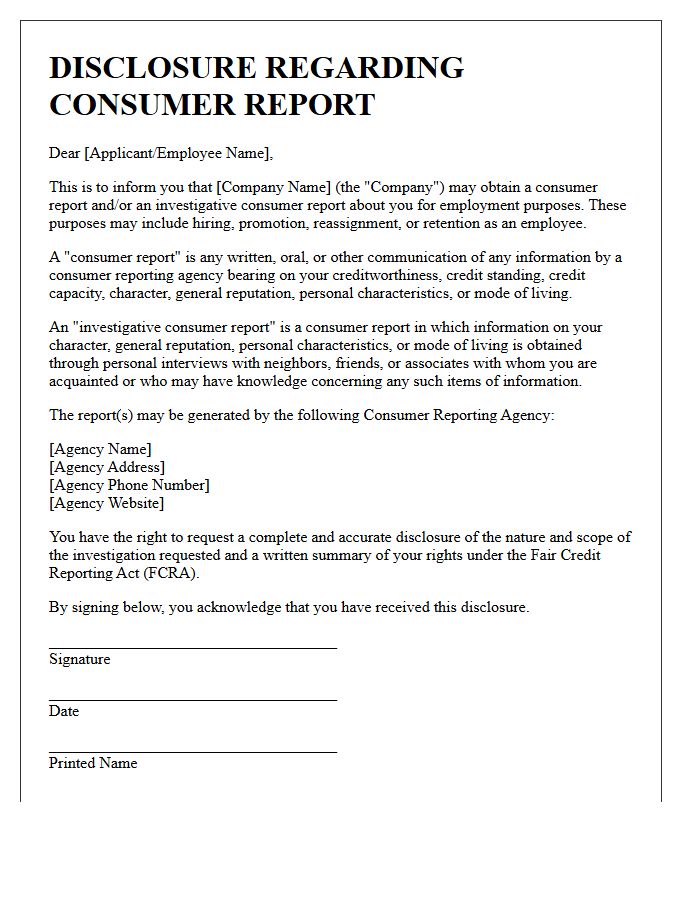 Disclosure Regarding Consumer Reporting Agency Information