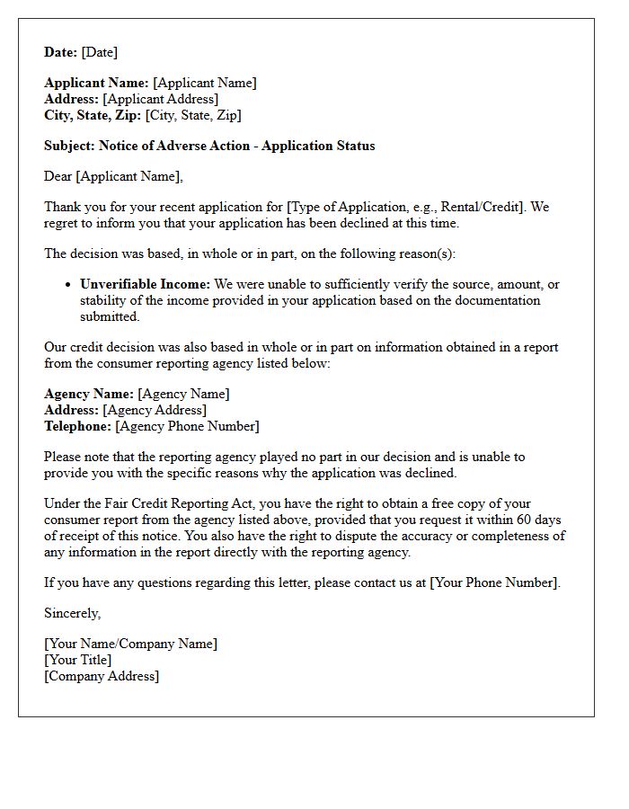 Official Adverse Action Letter for Unverifiable Income