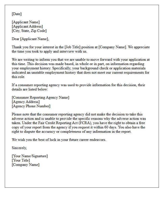 Adverse Action Letter for Unstable Employment History