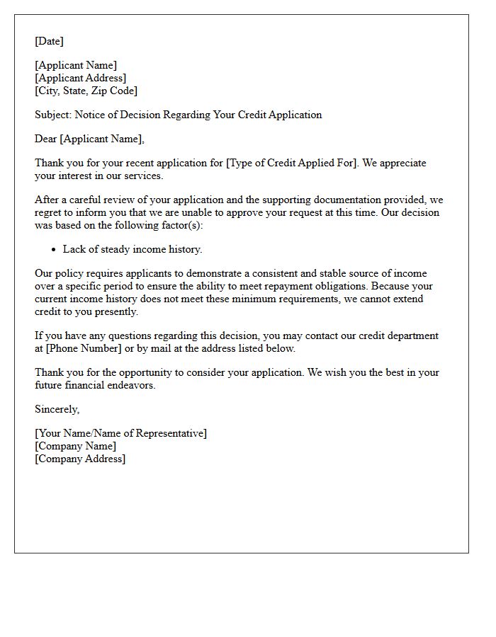 Credit Denial Letter for Lack of Steady Income History
