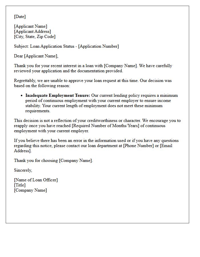 Loan Denial Letter for Inadequate Employment Tenure