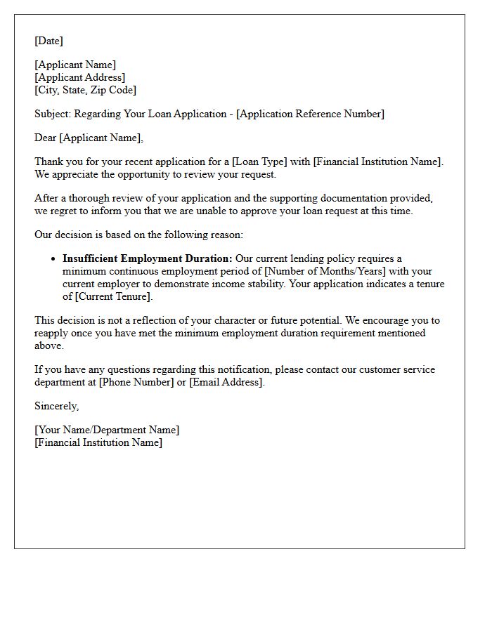 Loan Rejection Letter for Insufficient Employment Duration