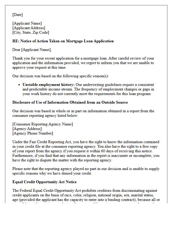 Mortgage Adverse Action Letter for Unstable Work History