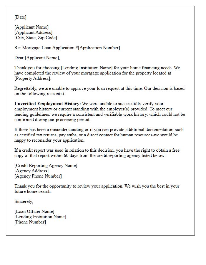 Mortgage Decline Letter for Unverified Employment History