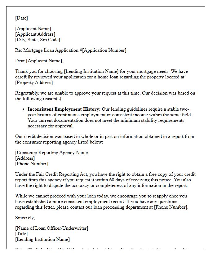 Mortgage Denial Letter Due to Inconsistent Employment