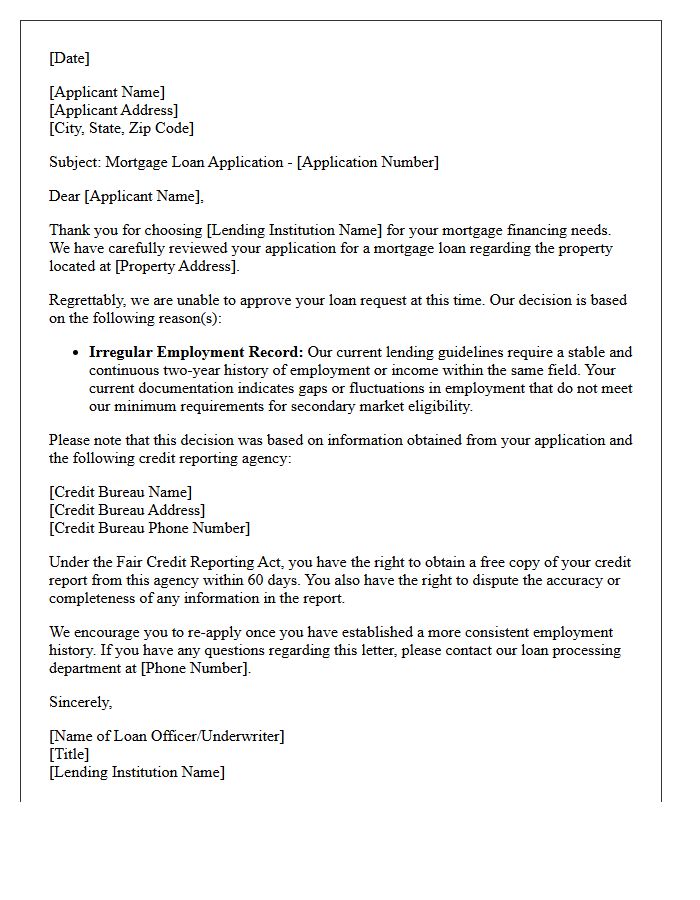 Mortgage Disapproval Letter for Irregular Employment Record