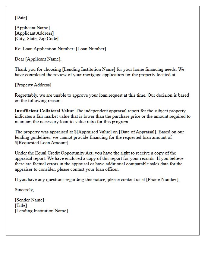 Home Loan Declination Letter for Low Property Appraisal