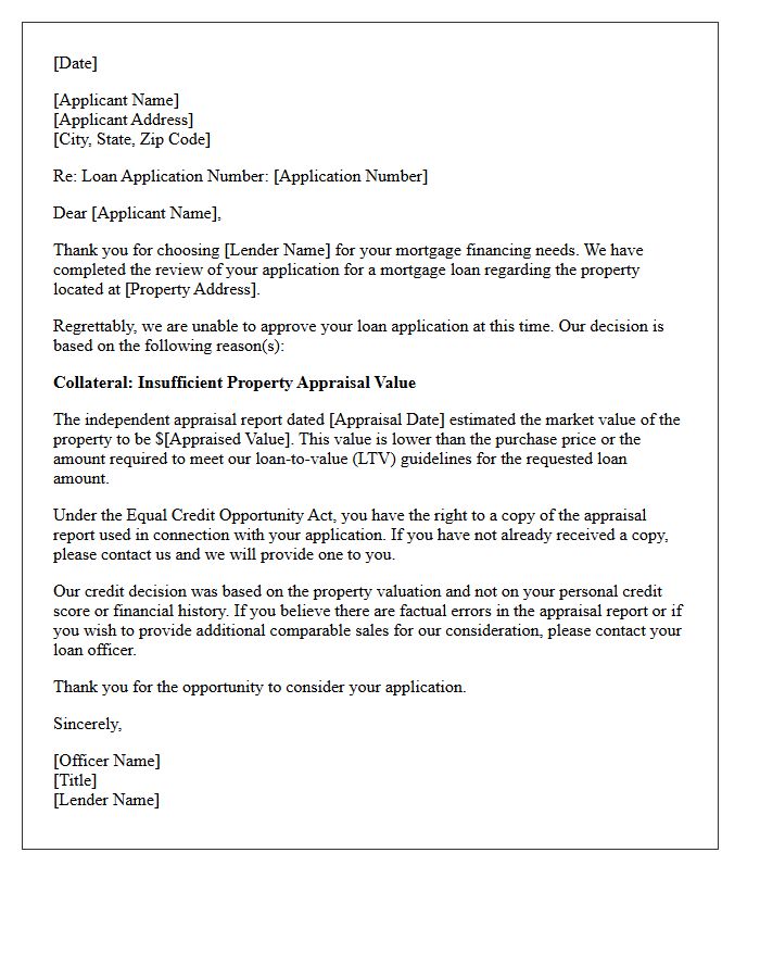 Mortgage Application Rejection Letter Due to Appraisal Value