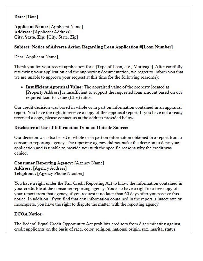 Notice of Adverse Action Letter Due to Insufficient Appraisal Value