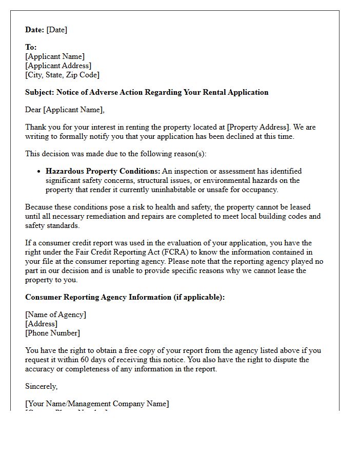 Adverse Action Letter for Hazardous Property Conditions