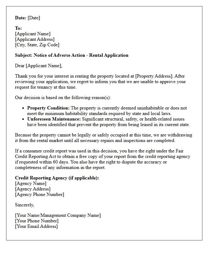 Adverse Action Letter for Uninhabitable Property State
