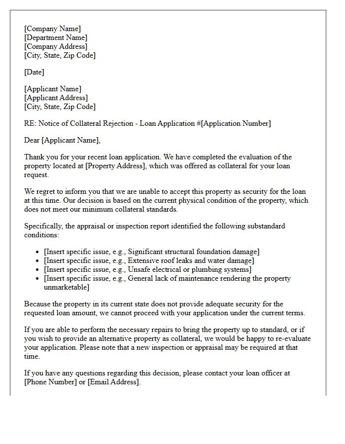 Collateral Rejection Letter for Substandard Property Condition
