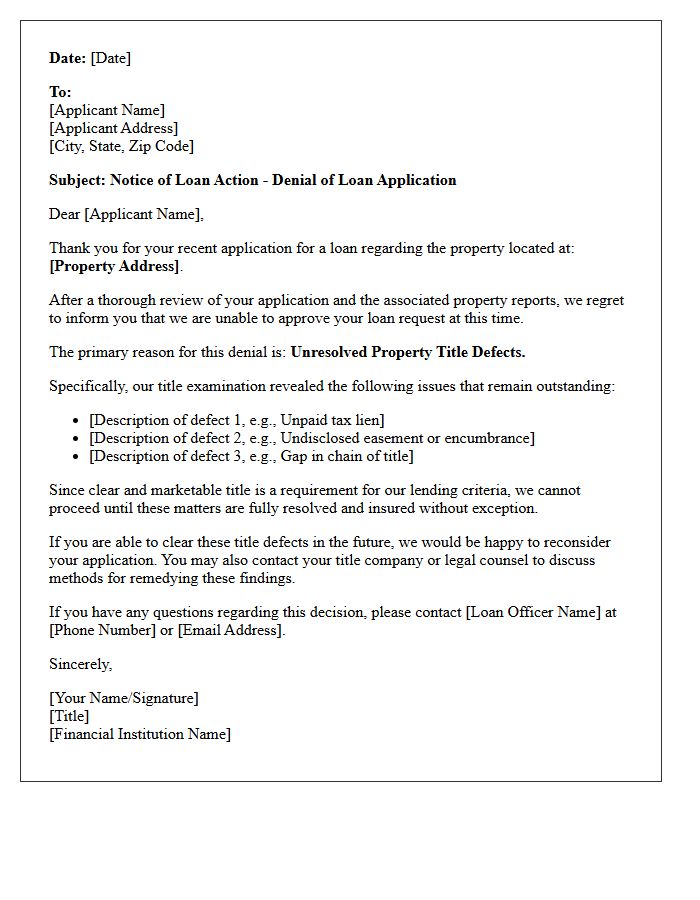 Loan Denial Letter for Unresolved Property Title Defects