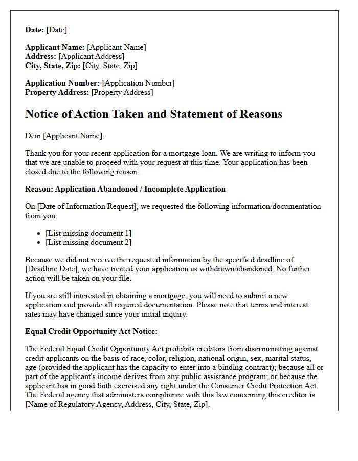Adverse Action Letter for Abandoned Mortgage Application