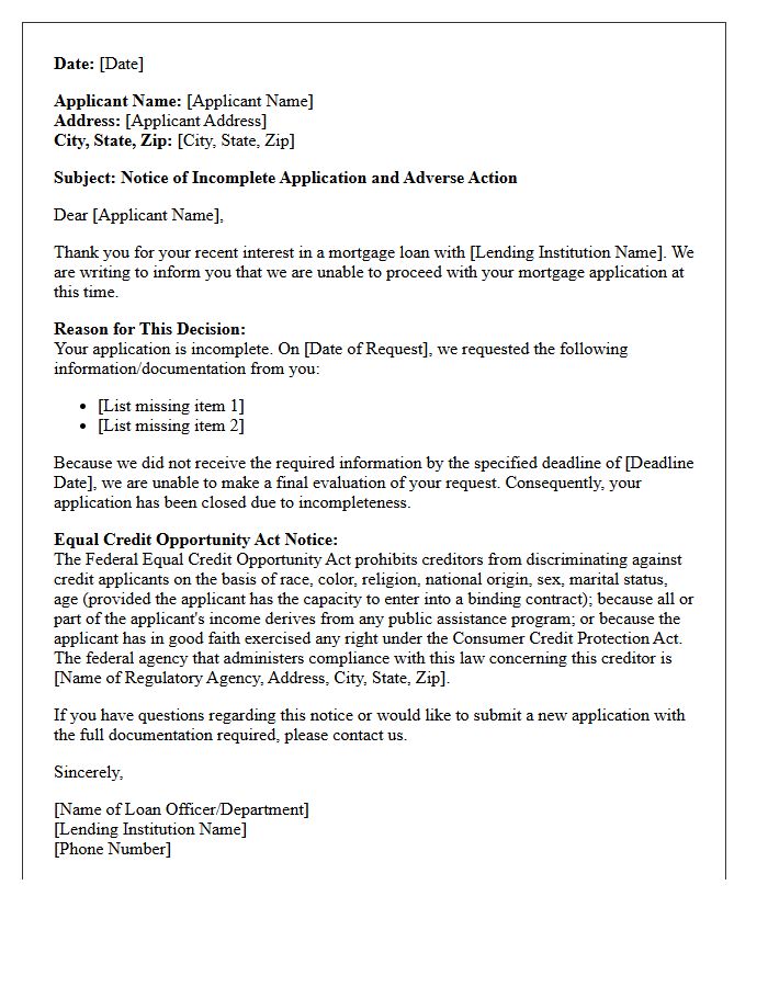 Adverse Action Letter for Unfinished Mortgage Application