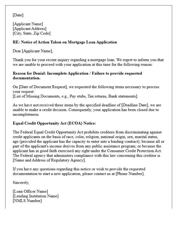 Adverse Action Letter for Unreturned Mortgage Application Documents