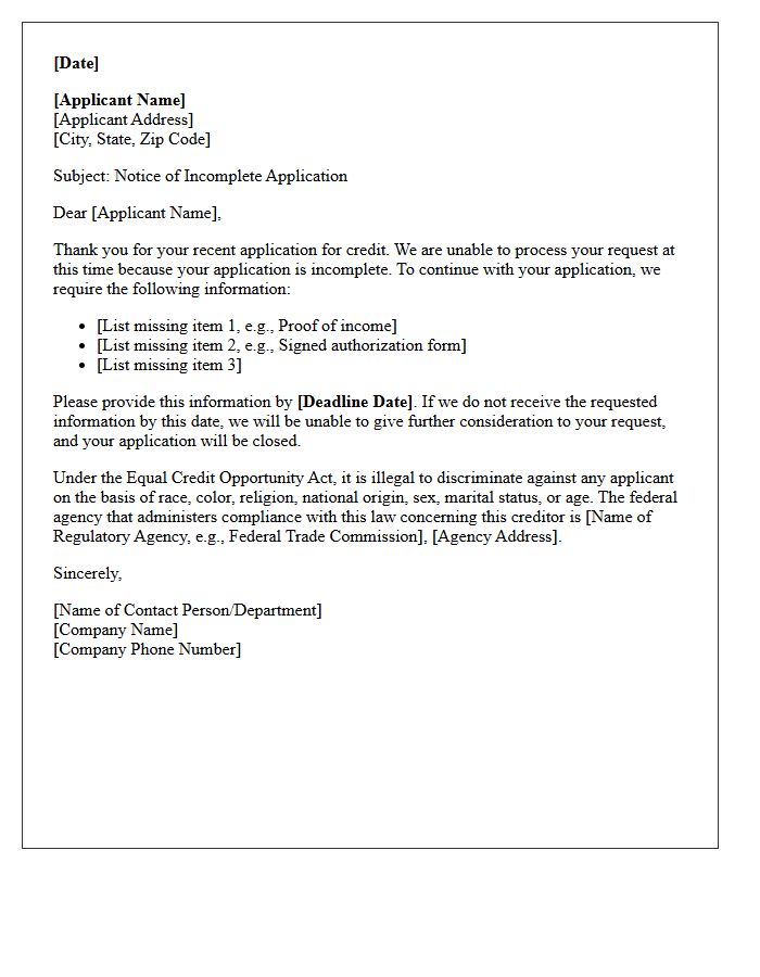 Incomplete Credit Application Adverse Action Letter