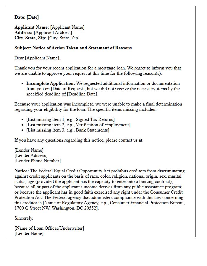 Incomplete Mortgage Application Adverse Action Letter