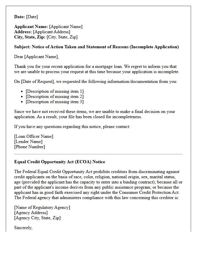 Incomplete Mortgage File Adverse Action Letter