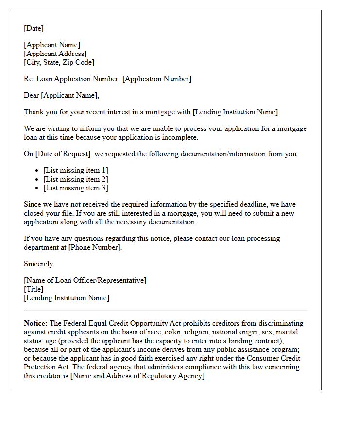 Mortgage Denial Letter Due to Incomplete Application
