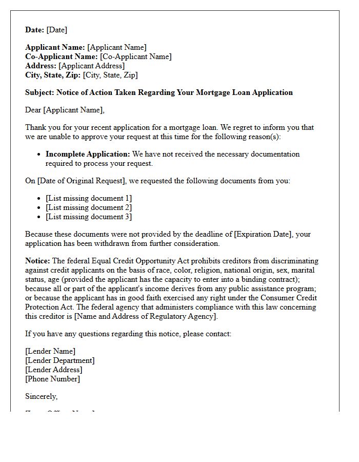 Mortgage Lending Adverse Action Letter for Missing Documents