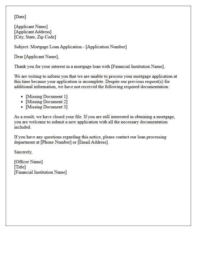 Mortgage Loan Rejection Letter for Incomplete Application