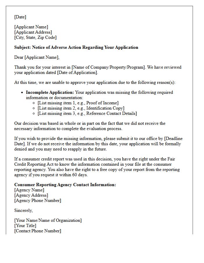 Notice of Adverse Action Letter for Missing Application Information